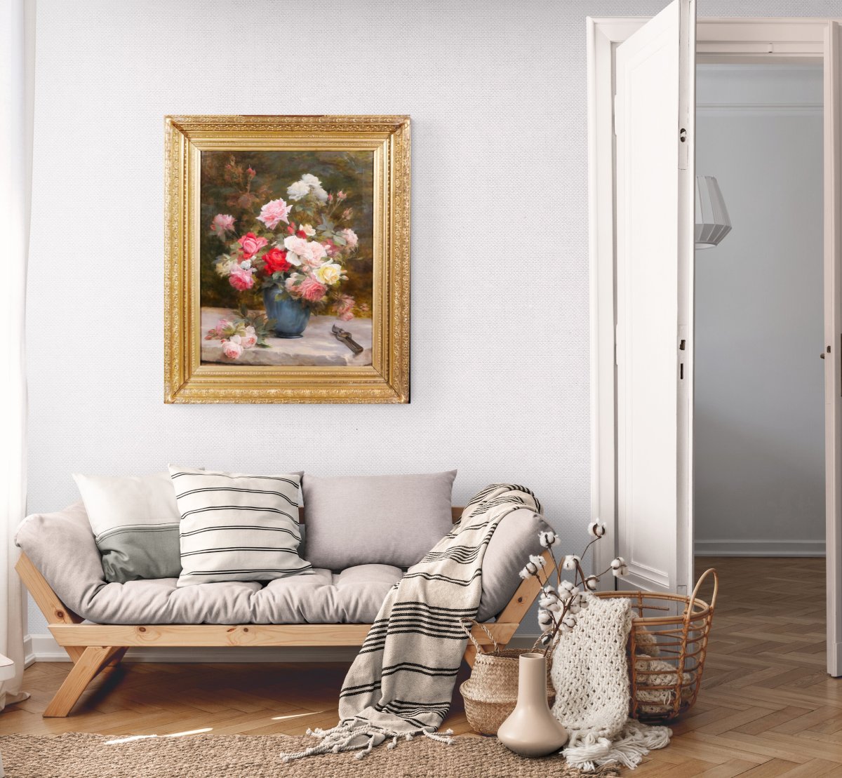 Gustave Bienvetu 1850-1916 Bouquet Of Roses, Large Painting 1902 Flowers Garden Still Life-photo-7