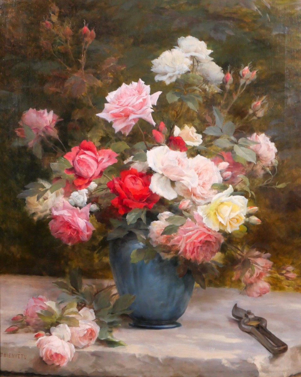 Gustave Bienvetu 1850-1916 Bouquet Of Roses, Large Painting 1902 Flowers Garden Still Life