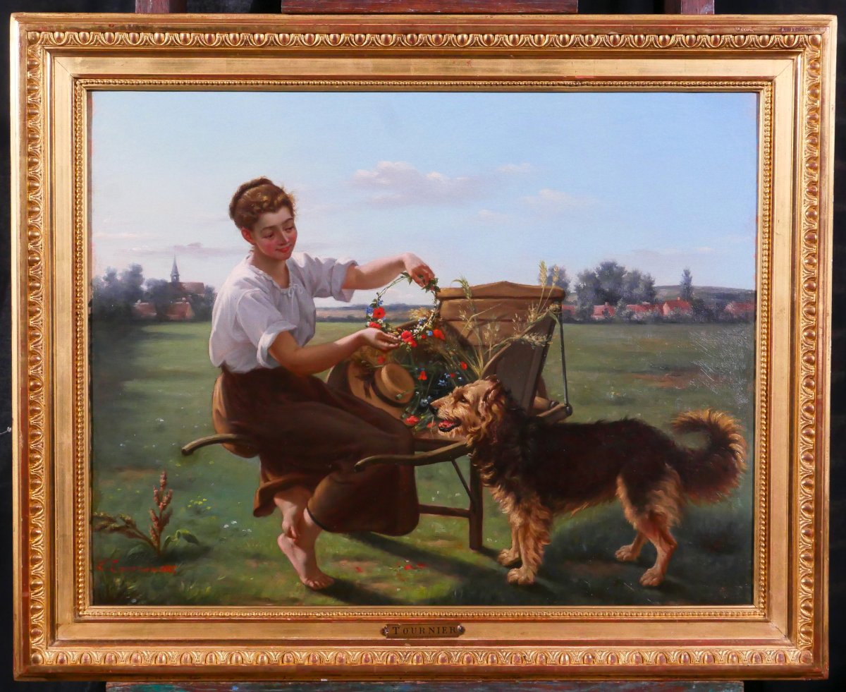 Louis TOURNIER 1830-1911 Jeune femme au chien et aux fleurs, tableau 1885 Gers-photo-2