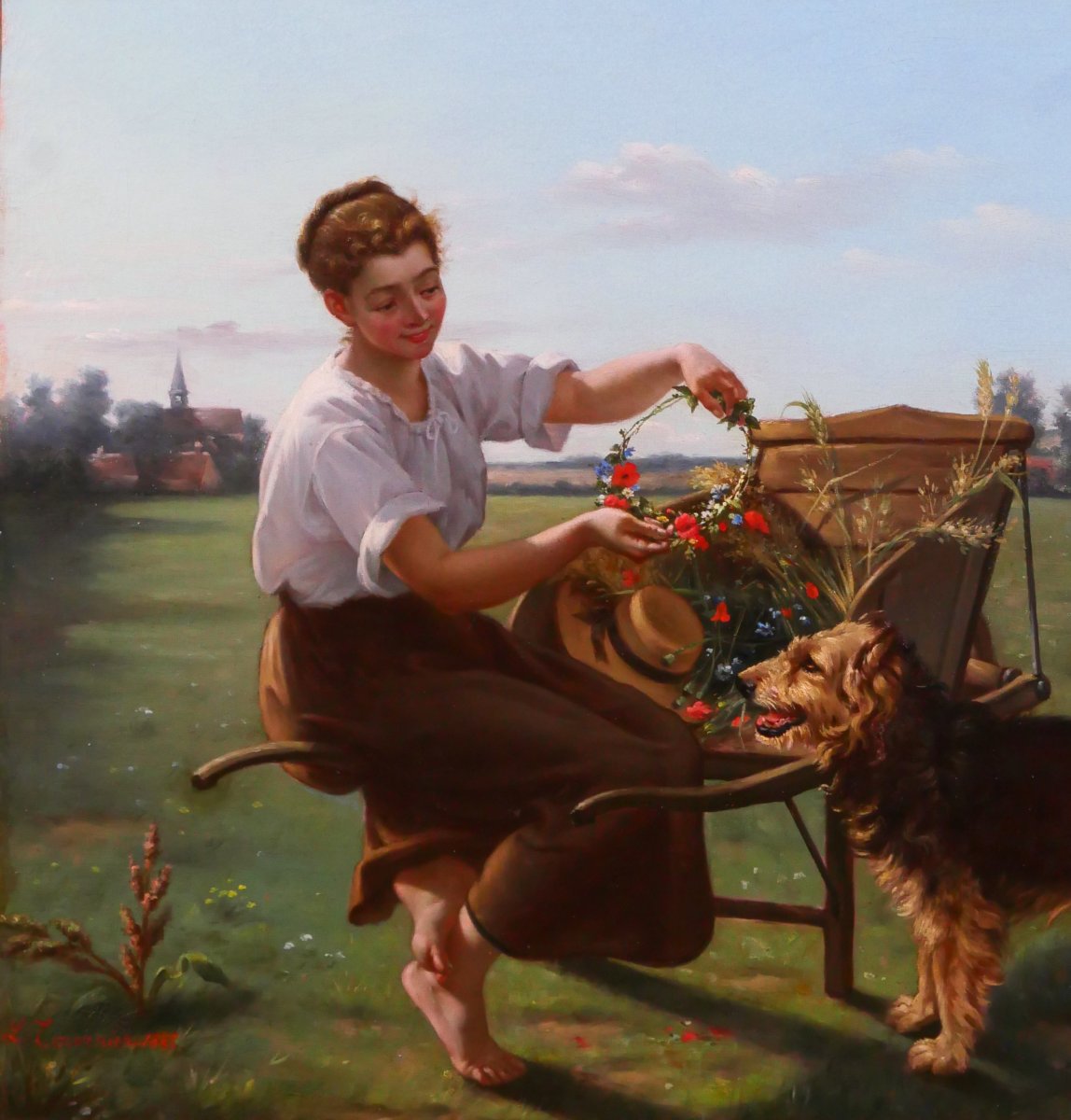 Louis TOURNIER 1830-1911 Jeune femme au chien et aux fleurs, tableau 1885 Gers-photo-3