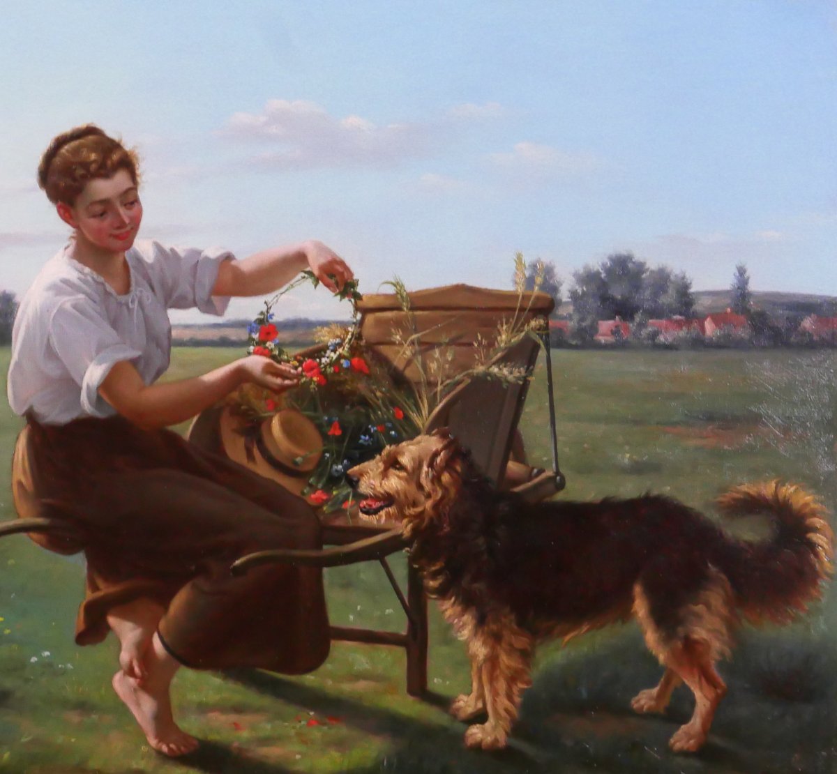 Louis TOURNIER 1830-1911 Jeune femme au chien et aux fleurs, tableau 1885 Gers-photo-4