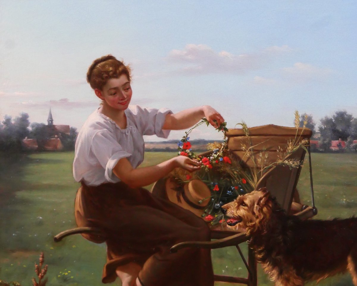 Louis TOURNIER 1830-1911 Jeune femme au chien et aux fleurs, tableau 1885 Gers-photo-1