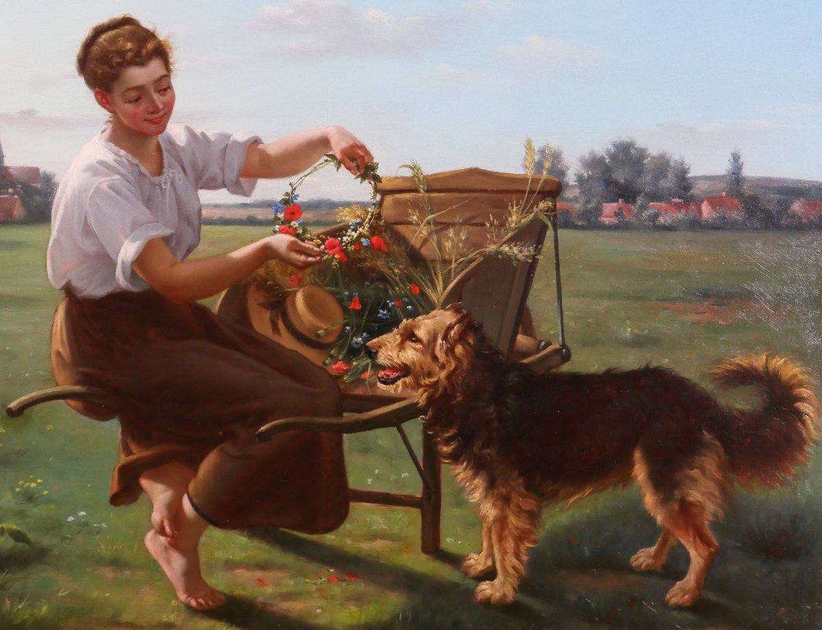 Louis TOURNIER 1830-1911 Jeune femme au chien et aux fleurs, tableau 1885 Gers-photo-2