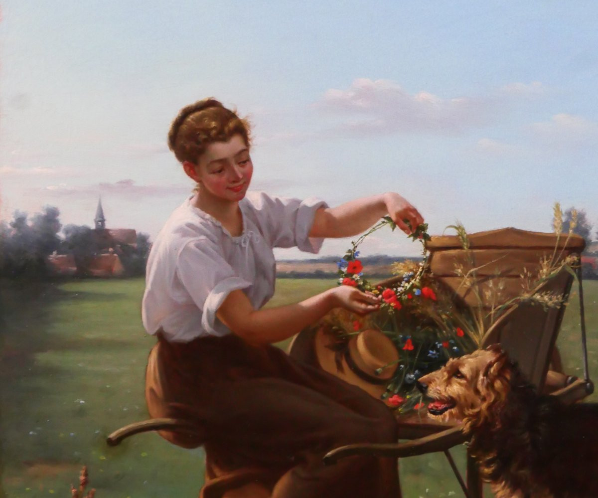 Louis TOURNIER 1830-1911 Jeune femme au chien et aux fleurs, tableau 1885 Gers-photo-3