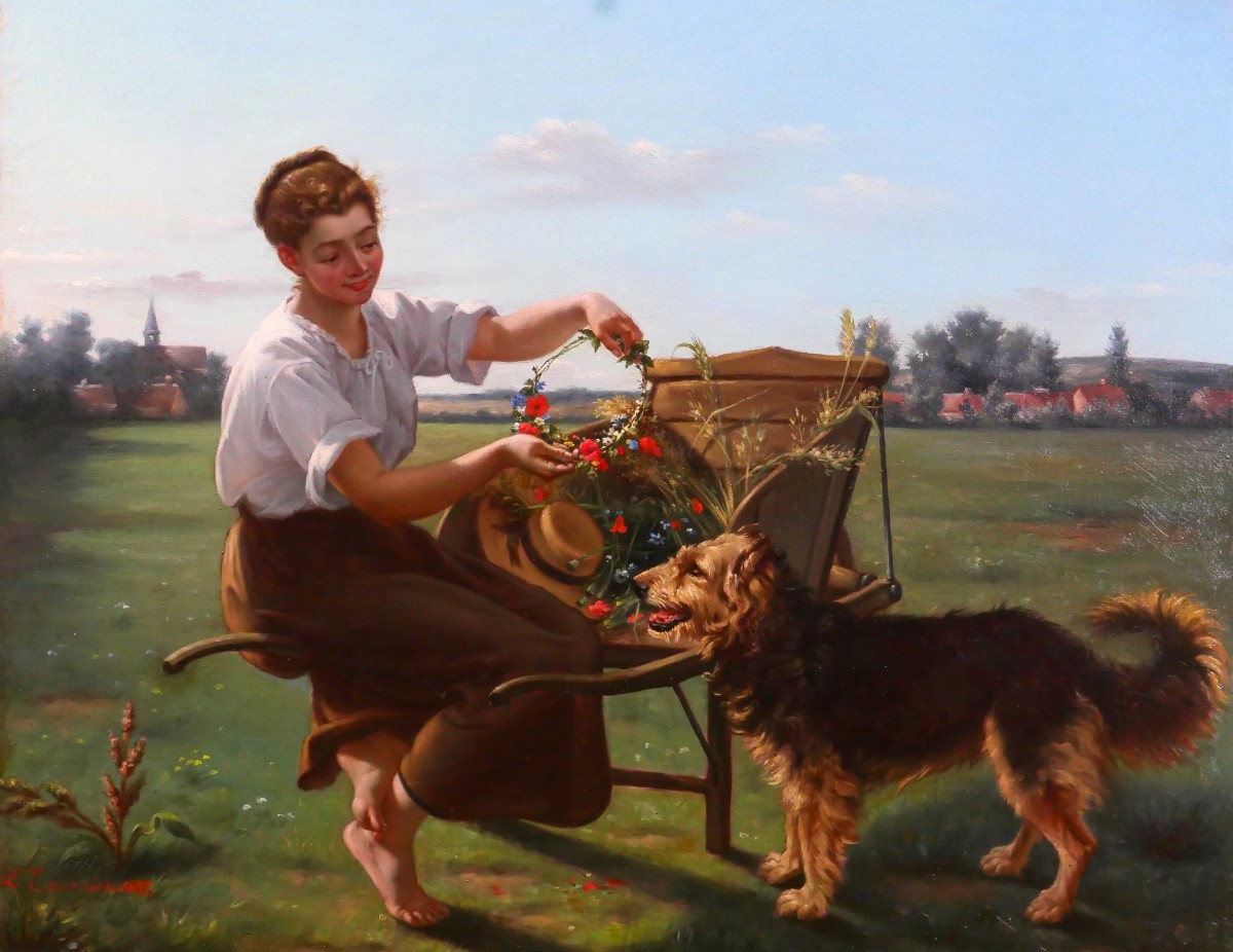 Louis TOURNIER 1830-1911 Jeune femme au chien et aux fleurs, tableau 1885 Gers