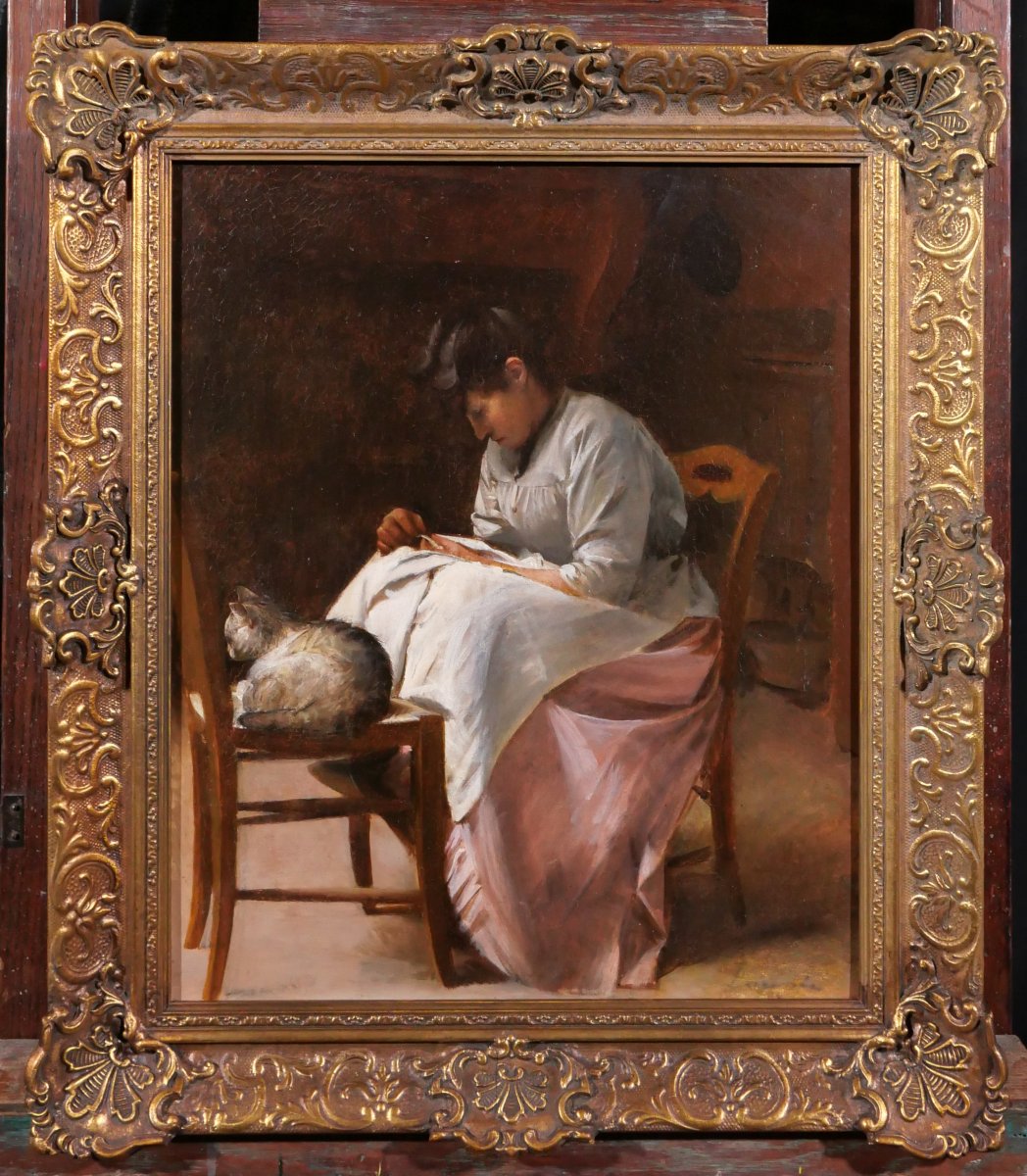 Désiré Laugée 1823-1896 Woman Sewing With A Cat, Peasant Interior, Barbizon Painting-photo-2