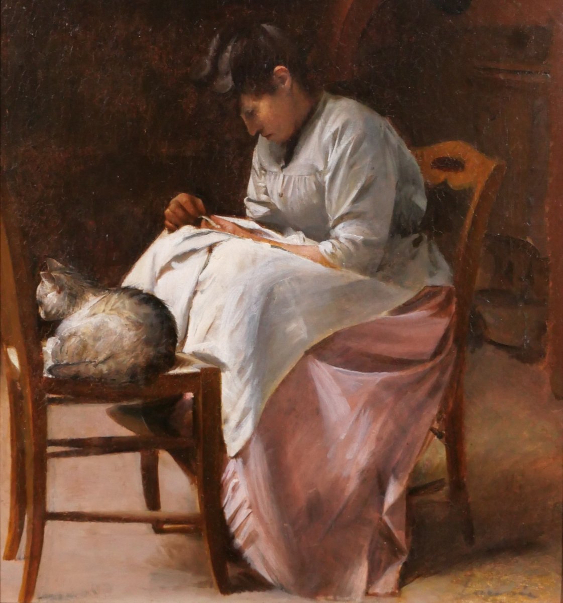 Désiré Laugée 1823-1896 Woman Sewing With A Cat, Peasant Interior, Barbizon Painting-photo-4