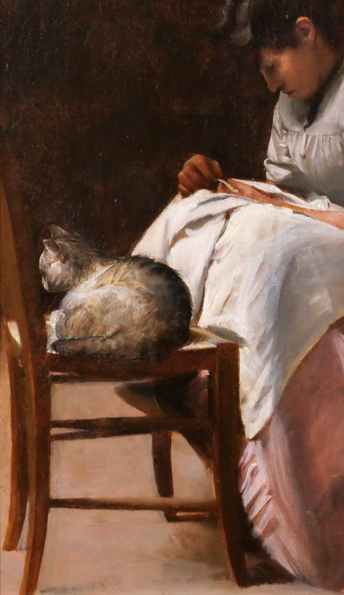Désiré Laugée 1823-1896 Woman Sewing With A Cat, Peasant Interior, Barbizon Painting-photo-1