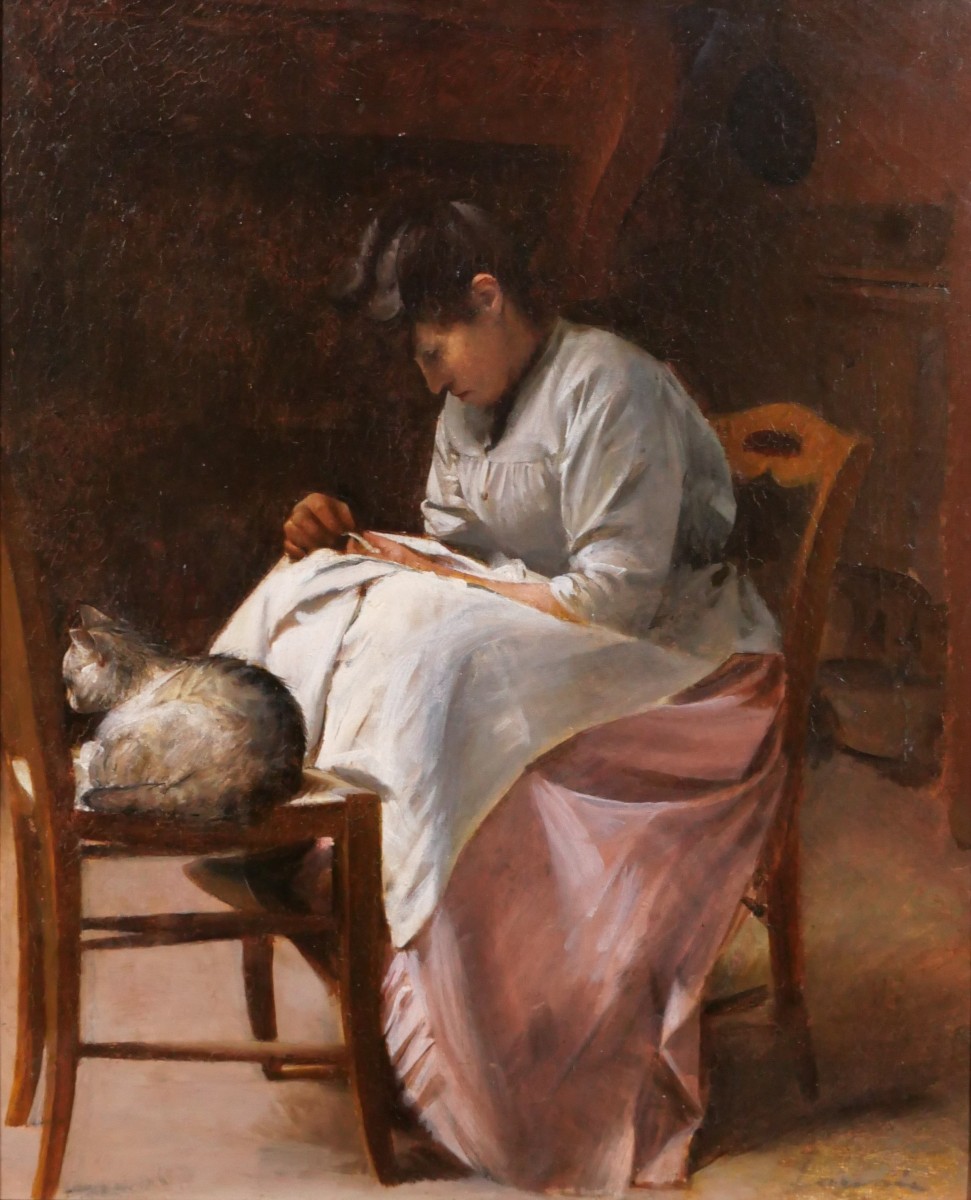 Désiré Laugée 1823-1896 Woman Sewing With A Cat, Peasant Interior, Barbizon Painting