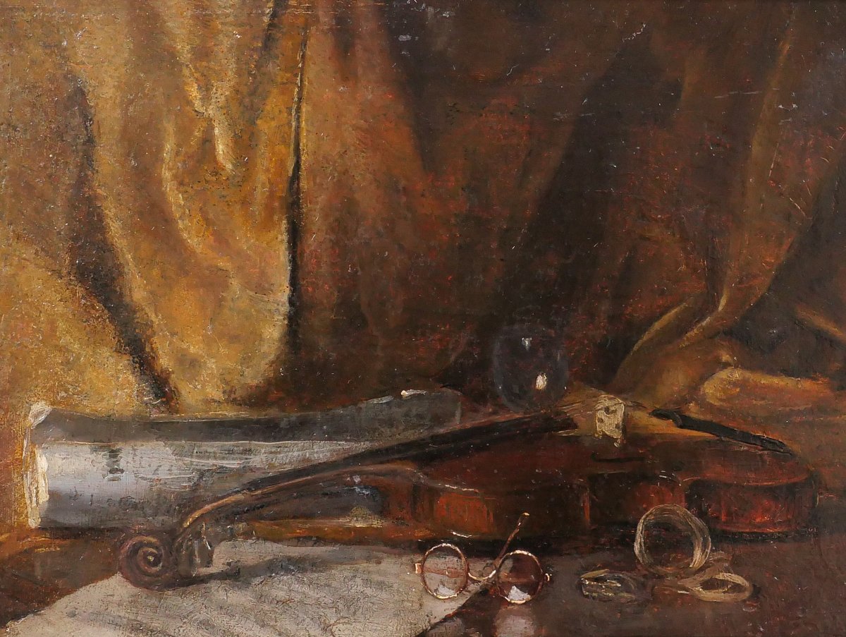 Emile Boulard 1863 -1943 Still Life With Violin, Painting Circa 1900 Music-photo-1