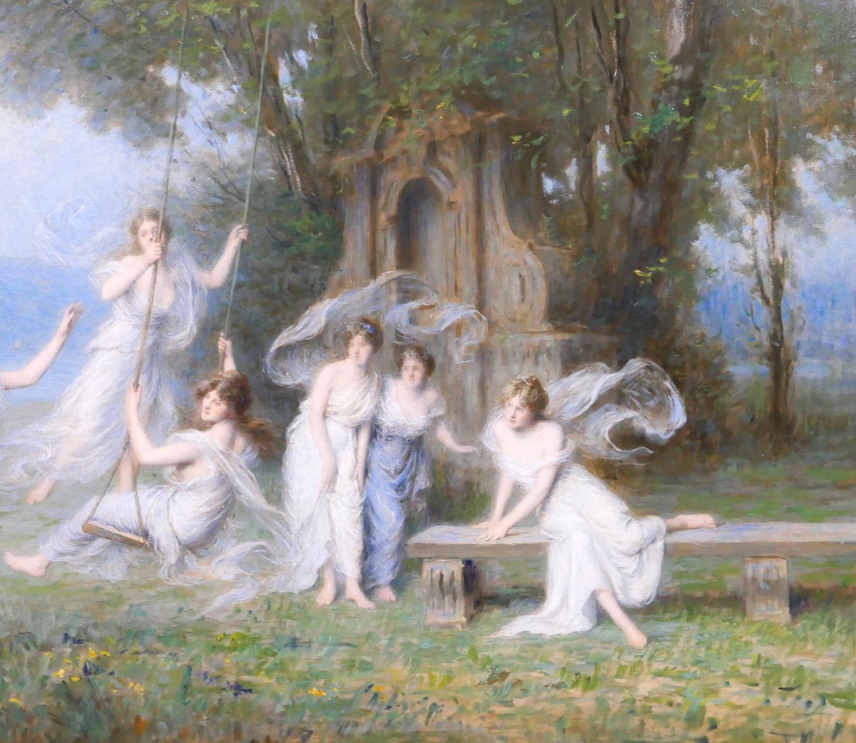 Emile-Louis Foubert 1848-1911 L'escarpolette, grand tableau, Salon 1907 nymphe femme paysage-photo-4