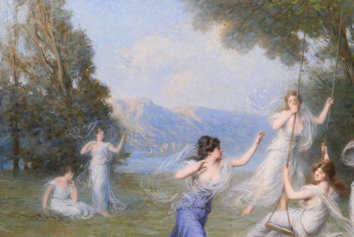 Emile-Louis Foubert 1848-1911 L'escarpolette, grand tableau, Salon 1907 nymphe femme paysage-photo-1