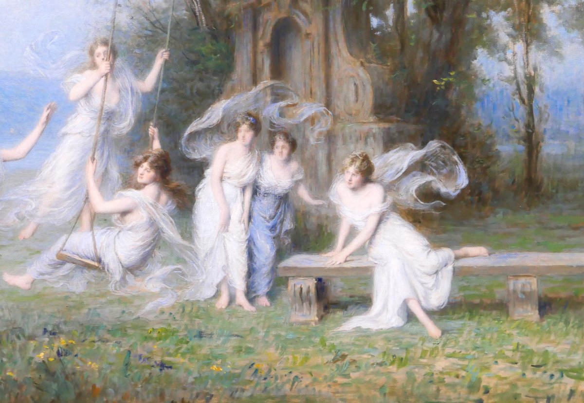 Emile-Louis Foubert 1848-1911 L'escarpolette, grand tableau, Salon 1907 nymphe femme paysage-photo-3