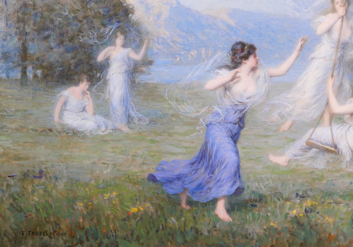Emile-Louis Foubert 1848-1911 L'escarpolette, grand tableau, Salon 1907 nymphe femme paysage-photo-4