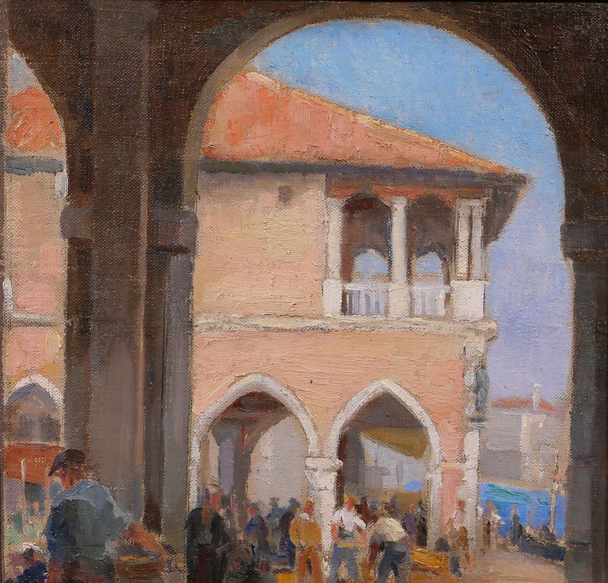 Charles Hirlemann, Venice, Painting 1930 Fish Market Landscape Italy-photo-3
