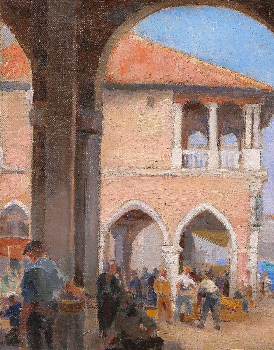 Charles Hirlemann, Venice, Painting 1930 Fish Market Landscape Italy-photo-1