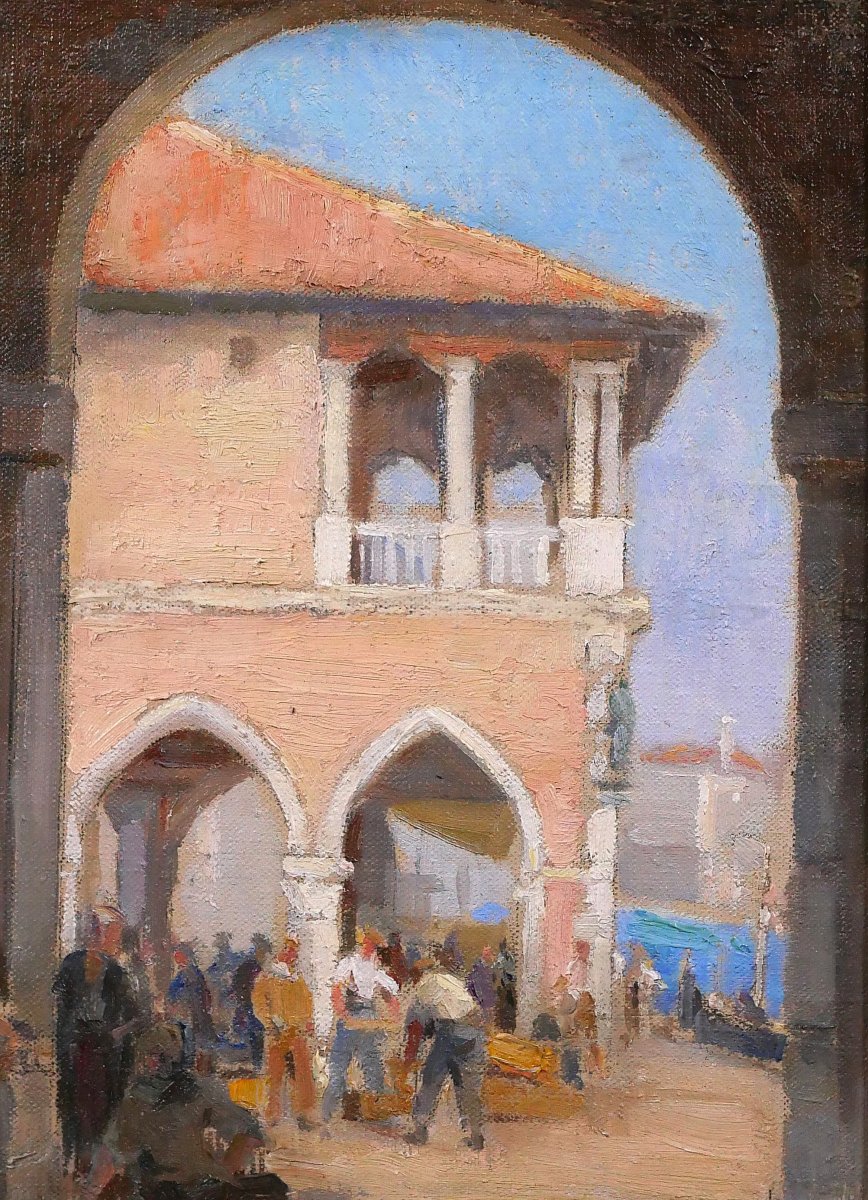 Charles Hirlemann, Venice, Painting 1930 Fish Market Landscape Italy-photo-2