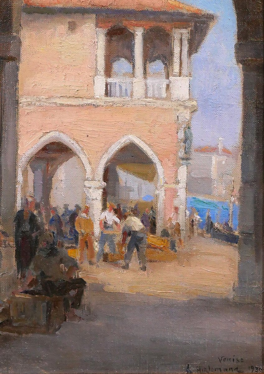 Charles Hirlemann, Venice, Painting 1930 Fish Market Landscape Italy-photo-3