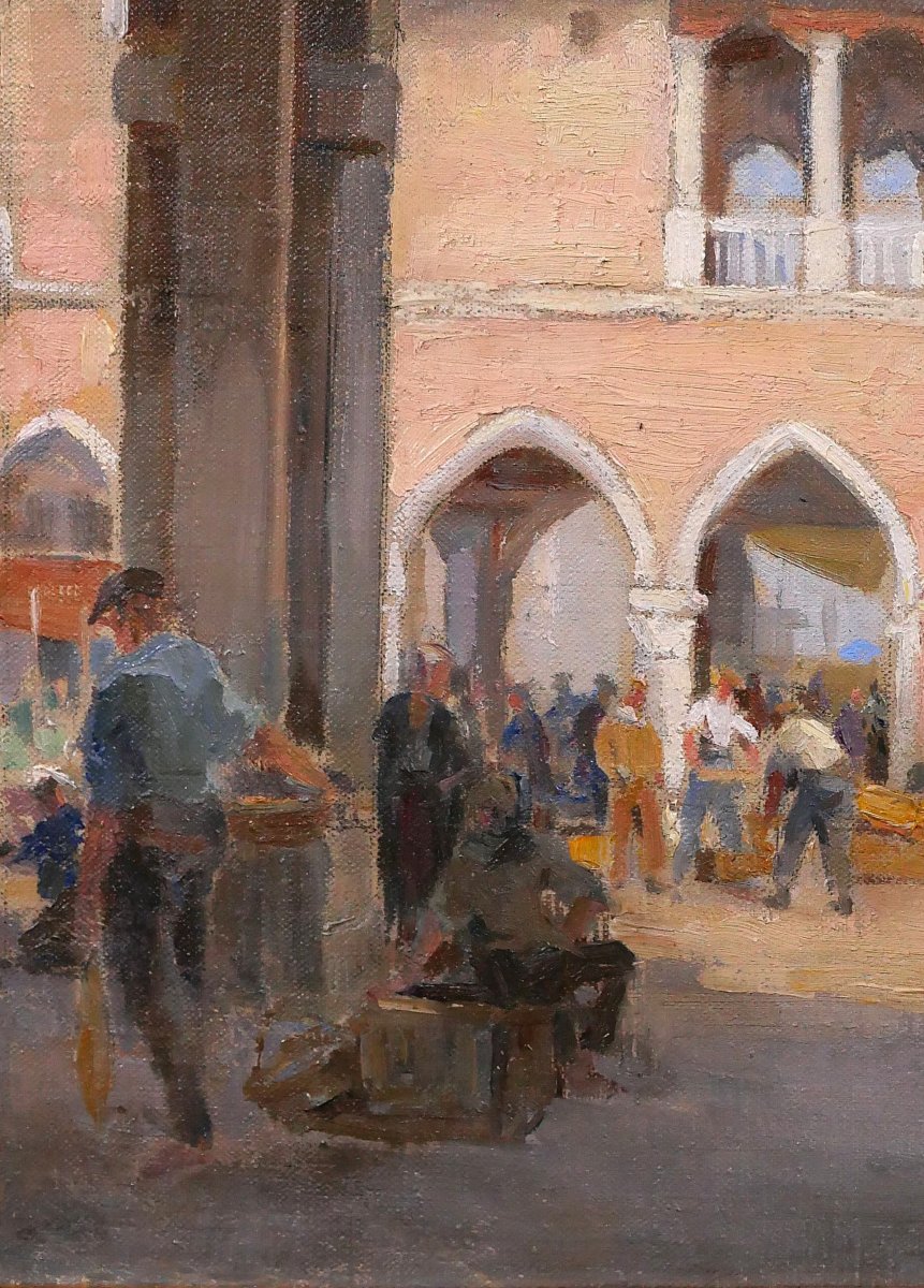 Charles Hirlemann, Venice, Painting 1930 Fish Market Landscape Italy-photo-4