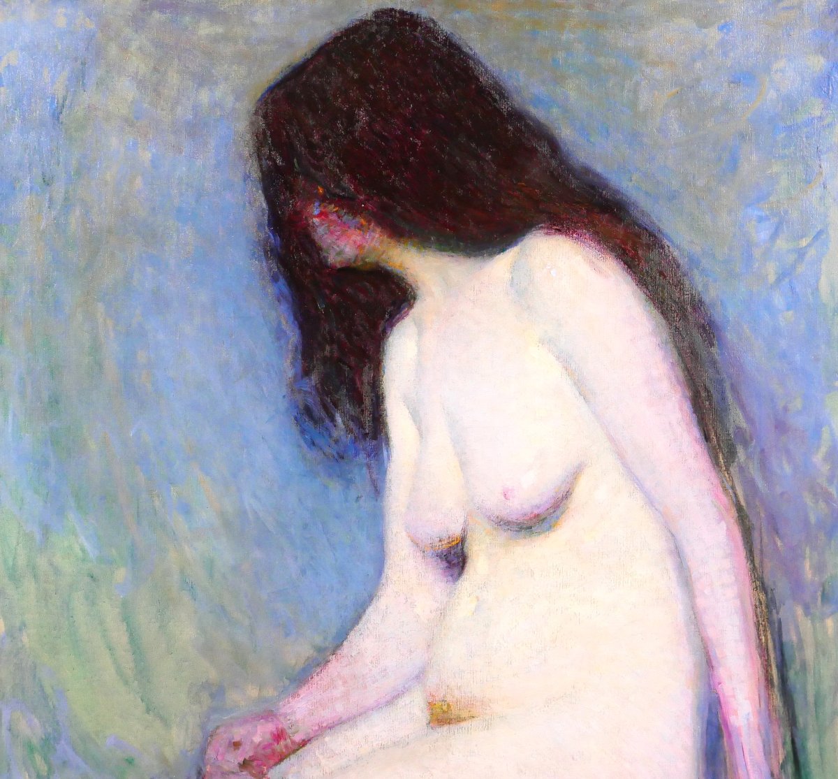 Marius Chambon 1876-1962 Nude Woman, Study In Blue And Mauve, Large Painting 1910 Impressionism-photo-4
