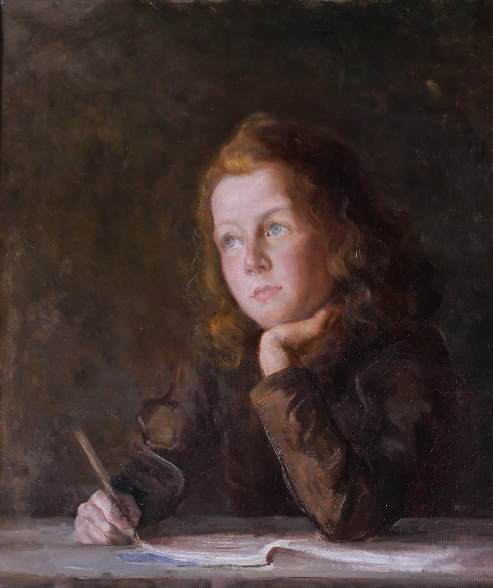 Alice BAILLY 1872-1938 Portrait d'enfant rêvassant, tableau, 1901 Suisse Albert Anker Vevey-photo-1