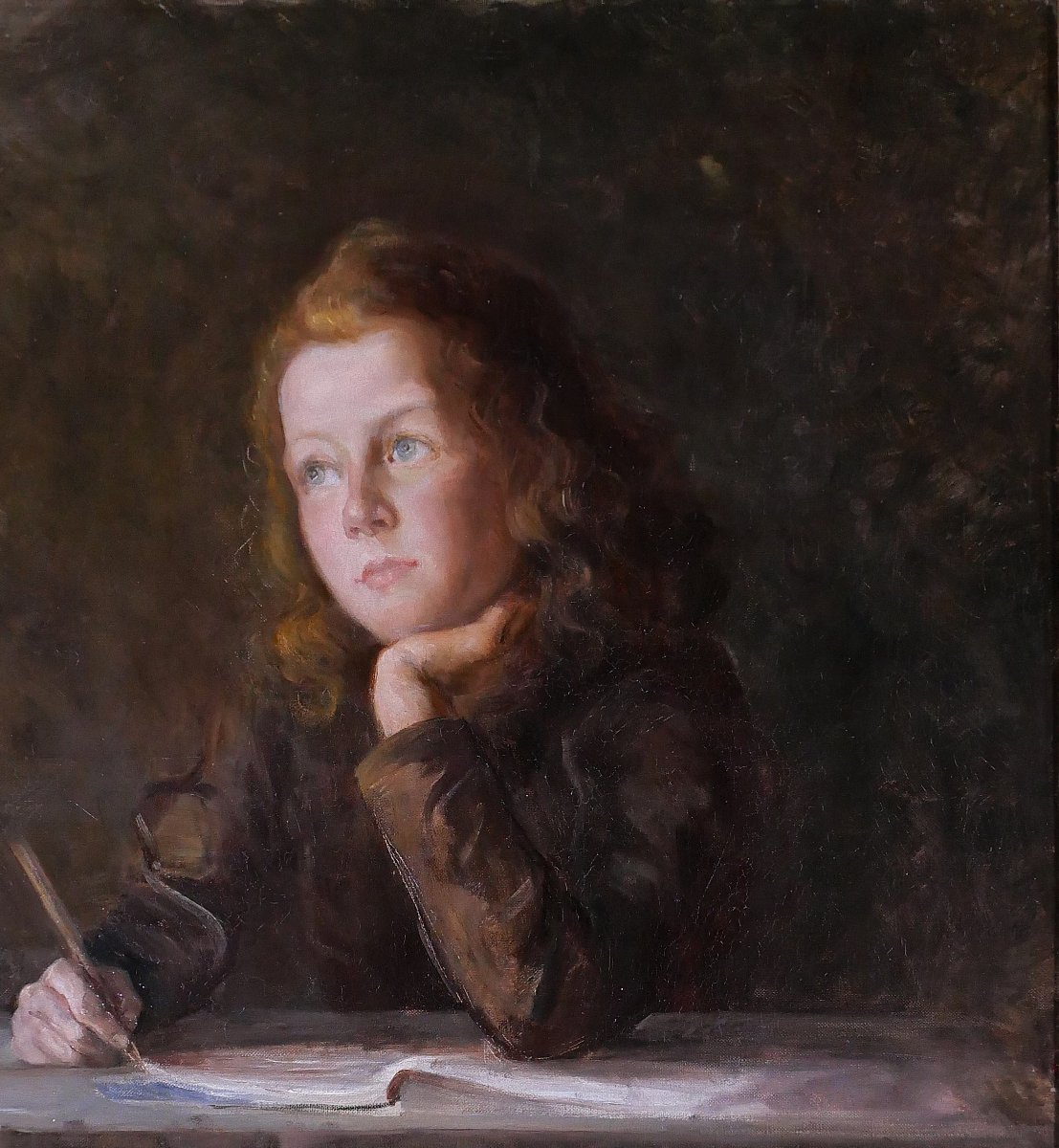 Alice BAILLY 1872-1938 Portrait d'enfant rêvassant, tableau, 1901 Suisse Albert Anker Vevey-photo-2