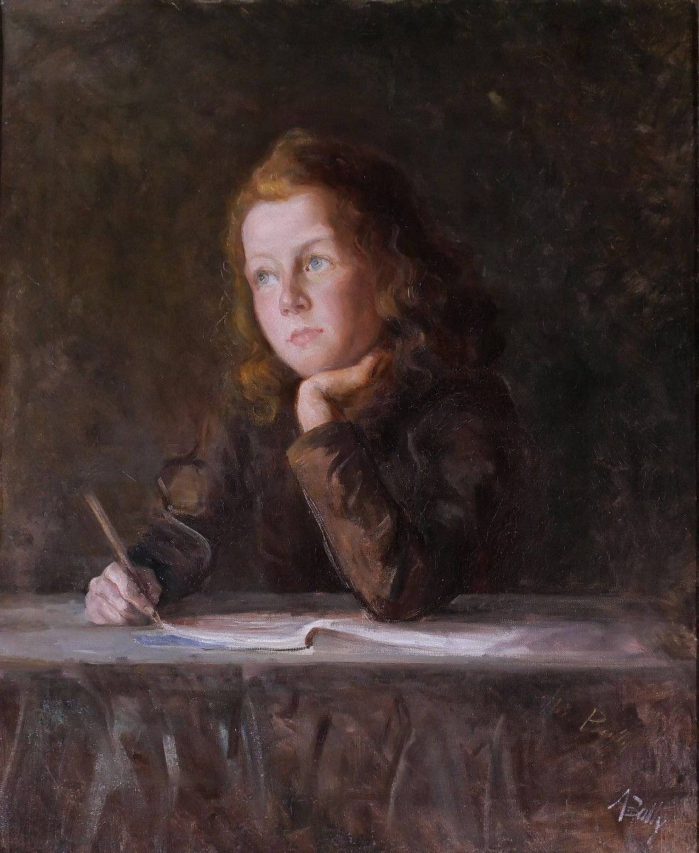 Alice BAILLY 1872-1938 Portrait d'enfant rêvassant, tableau, 1901 Suisse Albert Anker Vevey