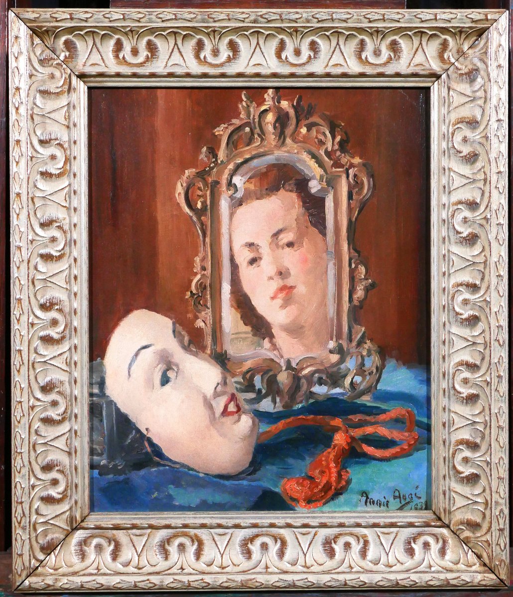 Annie Augé 20th Portrait Of A Woman With Mirror And Mask, Painting 1939 Art Deco-photo-2