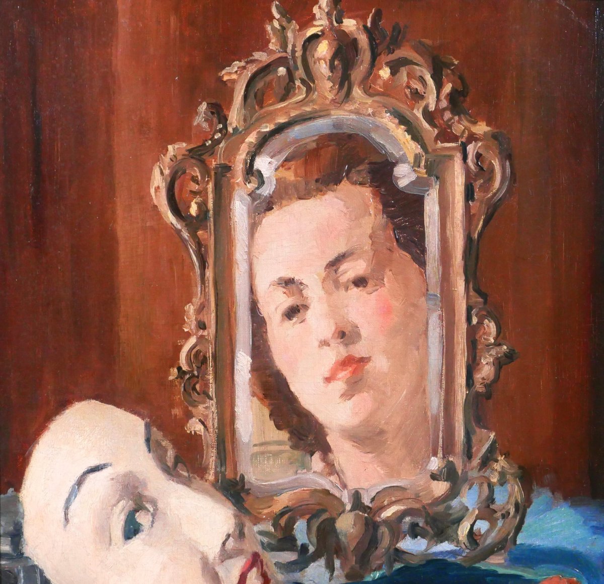 Annie Augé 20th Portrait Of A Woman With Mirror And Mask, Painting 1939 Art Deco-photo-3