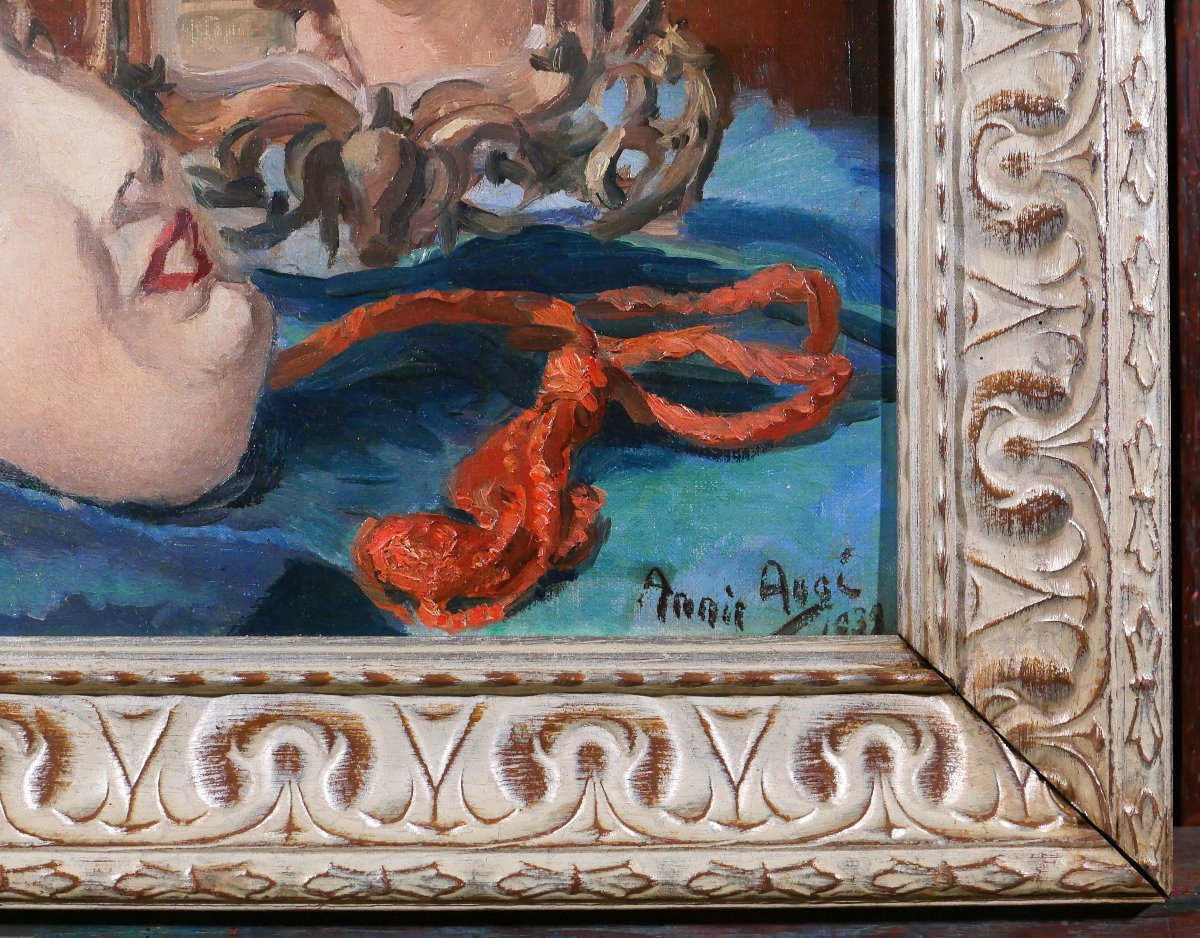 Annie Augé 20th Portrait Of A Woman With Mirror And Mask, Painting 1939 Art Deco-photo-1