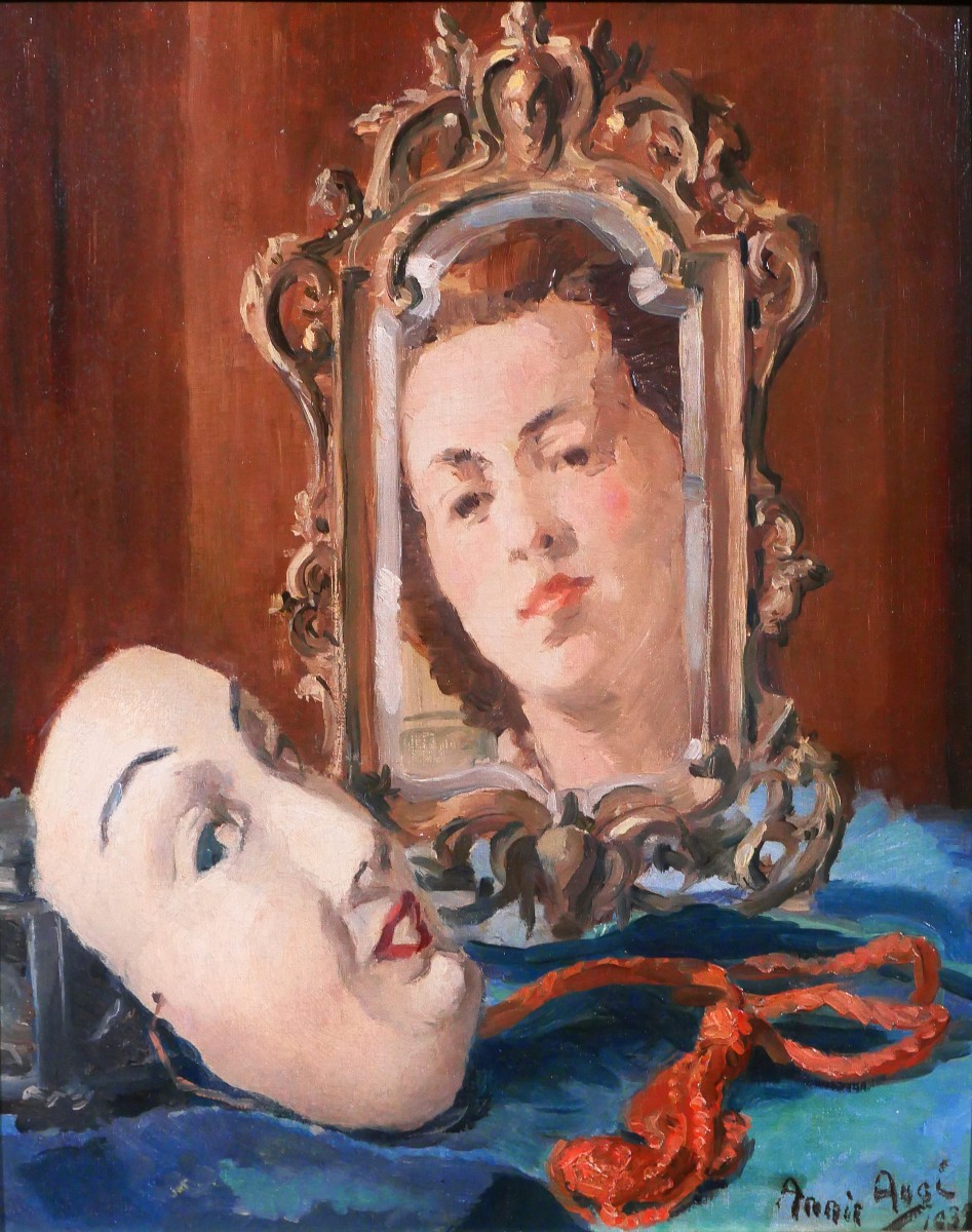 Annie Augé 20th Portrait Of A Woman With Mirror And Mask, Painting 1939 Art Deco