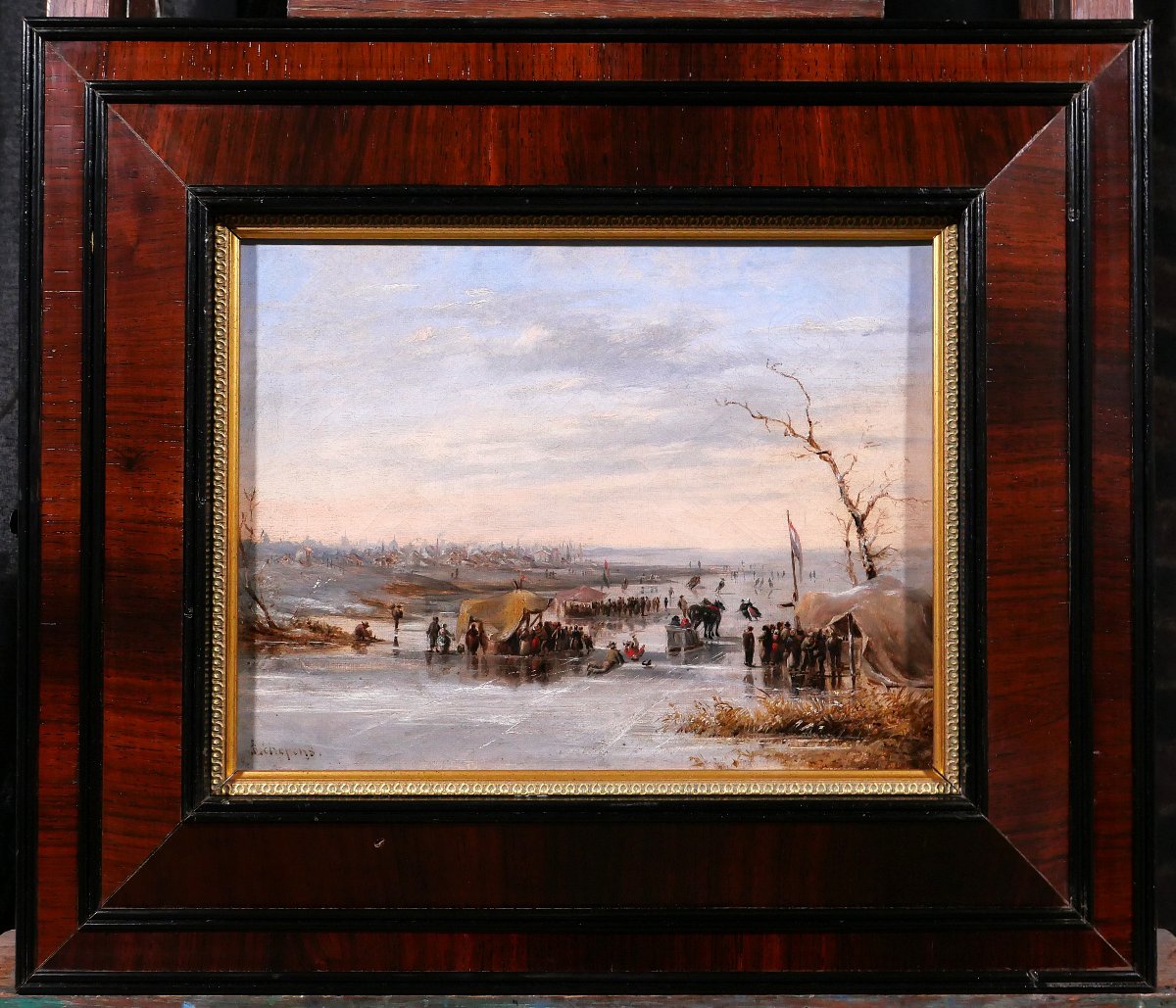 Louis SCHEPENS 1816-1884 Pays-Bas, scène de patinage en hiver, tableau vers 1850-60 paysage-photo-2