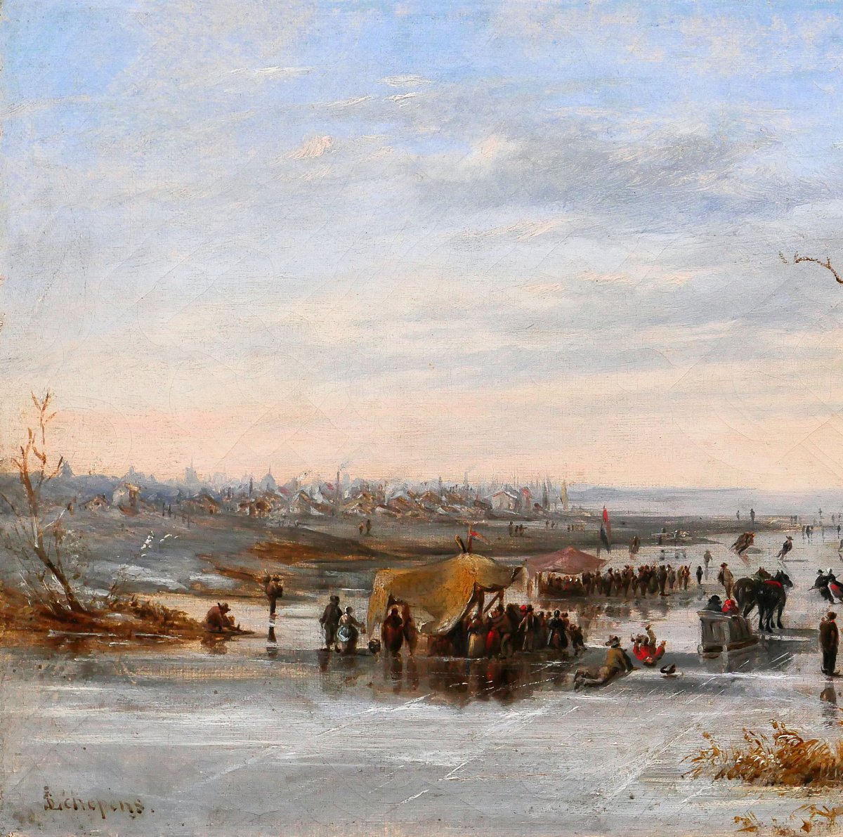 Louis SCHEPENS 1816-1884 Pays-Bas, scène de patinage en hiver, tableau vers 1850-60 paysage-photo-3