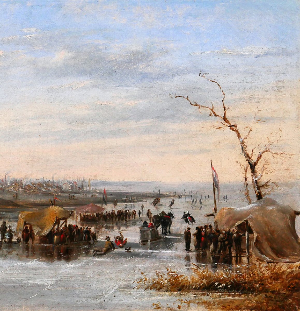 Louis SCHEPENS 1816-1884 Pays-Bas, scène de patinage en hiver, tableau vers 1850-60 paysage-photo-4