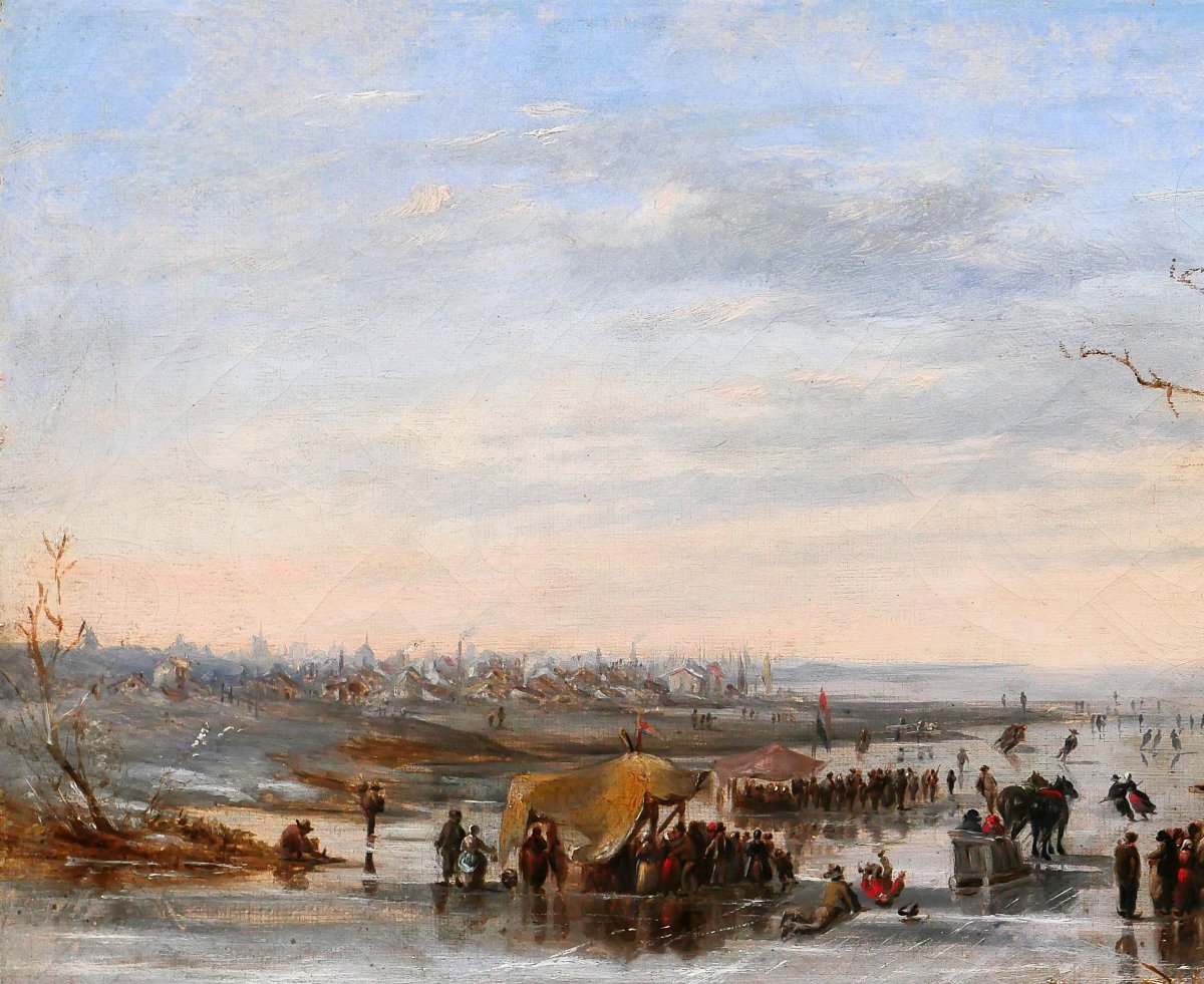Louis SCHEPENS 1816-1884 Pays-Bas, scène de patinage en hiver, tableau vers 1850-60 paysage-photo-1