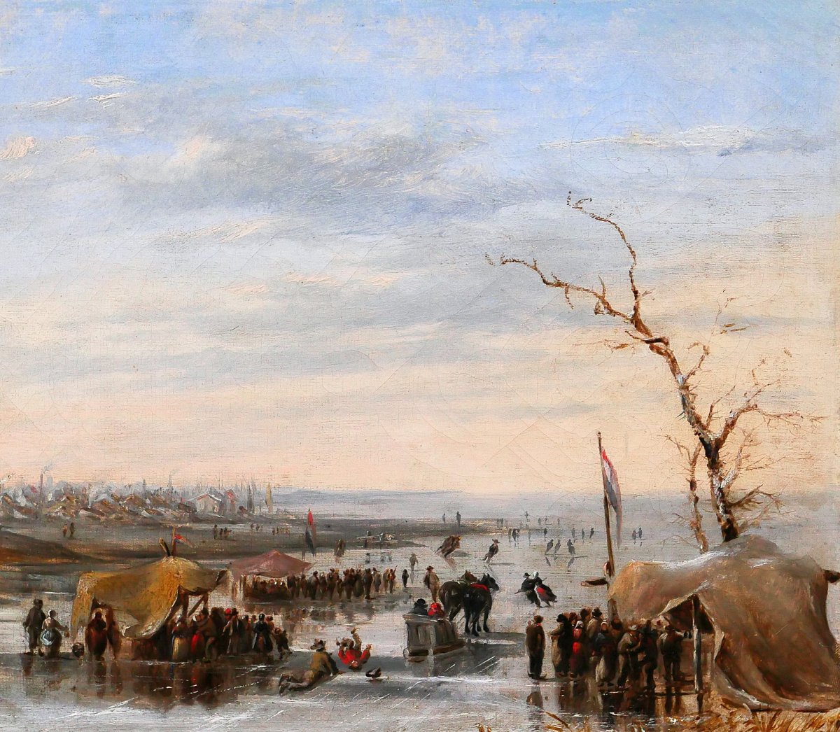 Louis SCHEPENS 1816-1884 Pays-Bas, scène de patinage en hiver, tableau vers 1850-60 paysage-photo-2