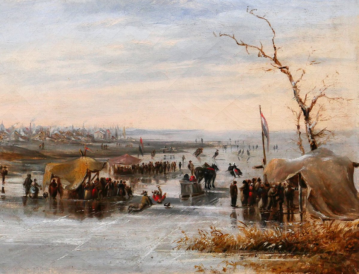 Louis SCHEPENS 1816-1884 Pays-Bas, scène de patinage en hiver, tableau vers 1850-60 paysage-photo-3