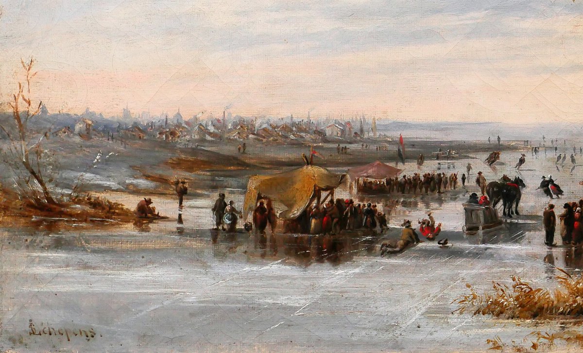 Louis SCHEPENS 1816-1884 Pays-Bas, scène de patinage en hiver, tableau vers 1850-60 paysage-photo-4