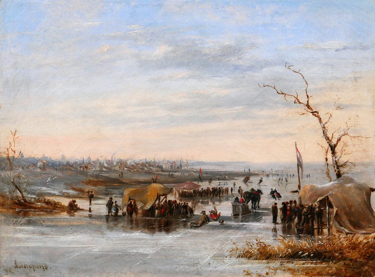 Louis SCHEPENS 1816-1884 Pays-Bas, scène de patinage en hiver, tableau vers 1850-60 paysage