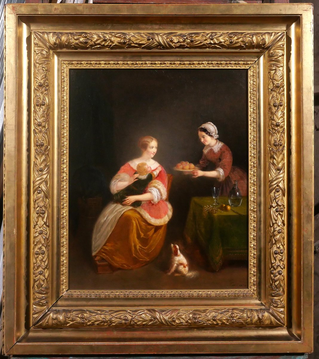 Jean-Auguste TESTE 1807-1886 Scène d'intérieur au chien et à la nature morte, tableau, 1854-photo-2