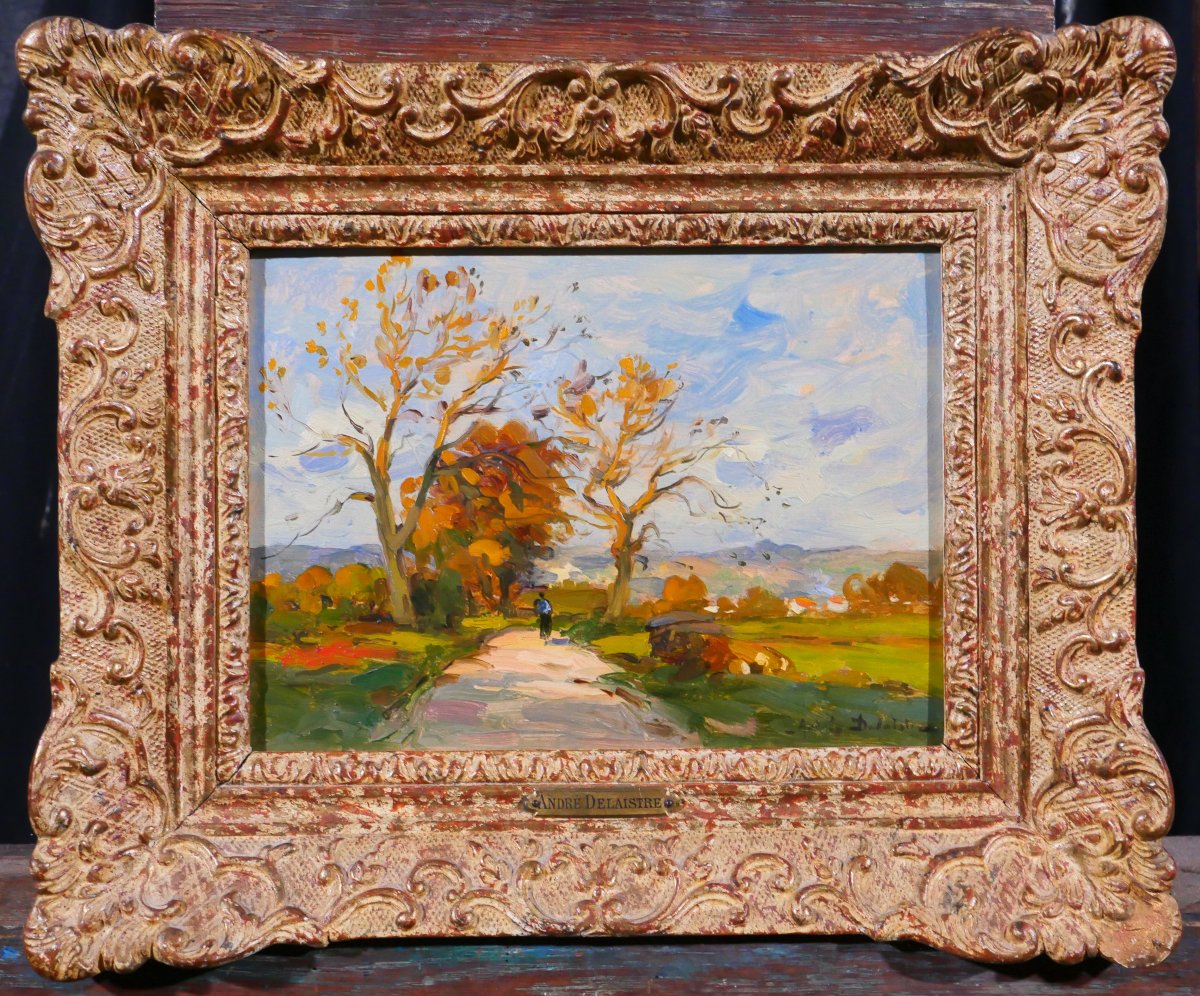 André DELAISTRE 1865-1931 Paysage aux arbres et au promeneur tableau vers 1910 impressionnisme-photo-2