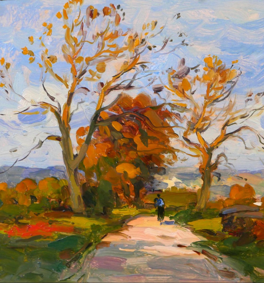 André DELAISTRE 1865-1931 Paysage aux arbres et au promeneur tableau vers 1910 impressionnisme-photo-3