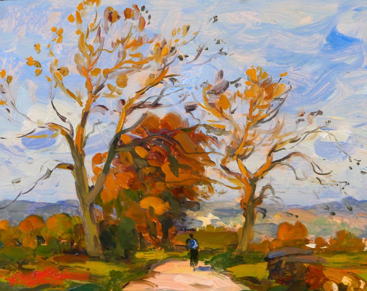 André DELAISTRE 1865-1931 Paysage aux arbres et au promeneur tableau vers 1910 impressionnisme-photo-1