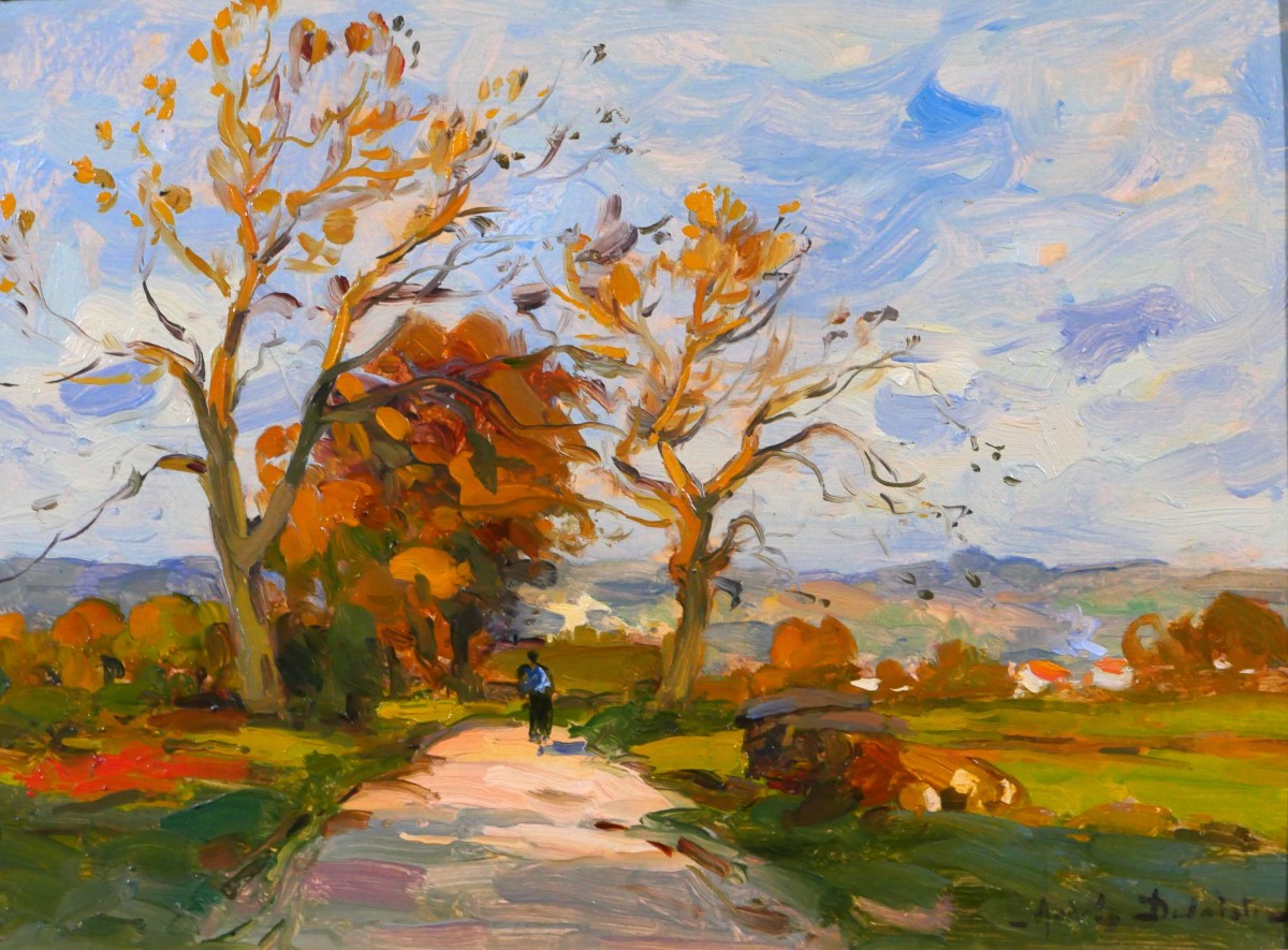 André DELAISTRE 1865-1931 Paysage aux arbres et au promeneur tableau vers 1910 impressionnisme