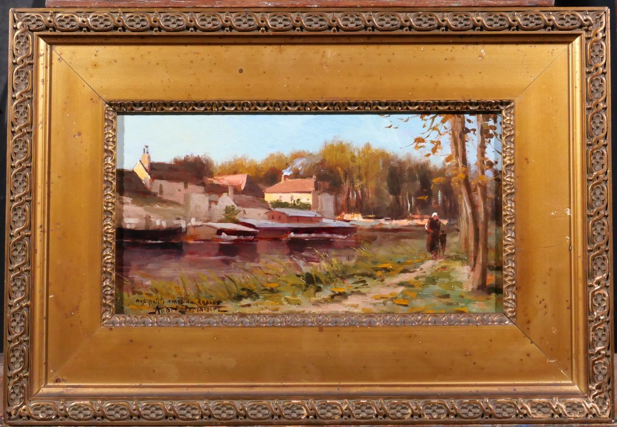 André DELAISTRE 1865-1931 Moret-sur-Loing, Paysage aux péniches tableau v. 1900 impressionnisme-photo-2