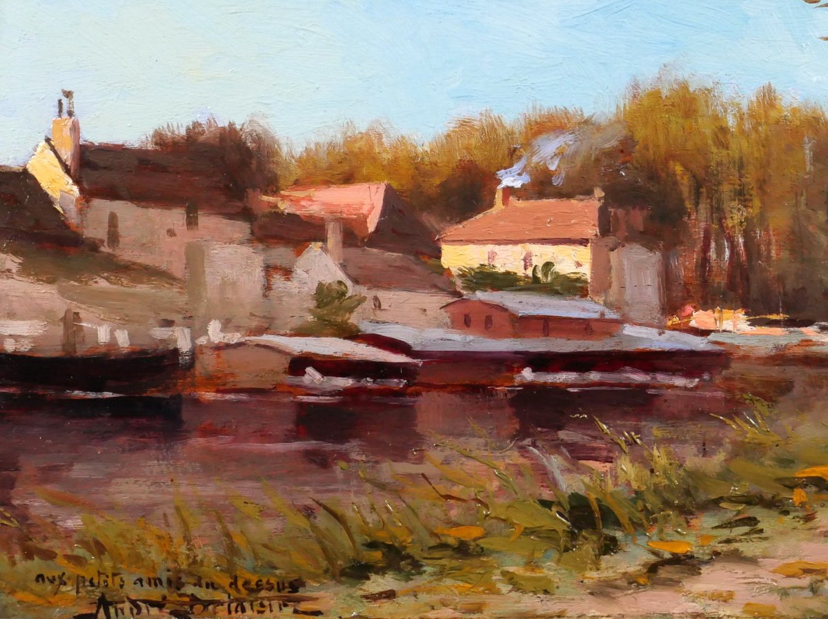 André DELAISTRE 1865-1931 Moret-sur-Loing, Paysage aux péniches tableau v. 1900 impressionnisme-photo-3
