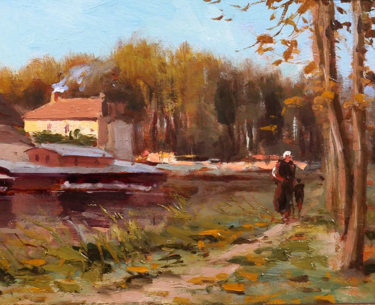 André DELAISTRE 1865-1931 Moret-sur-Loing, Paysage aux péniches tableau v. 1900 impressionnisme-photo-4