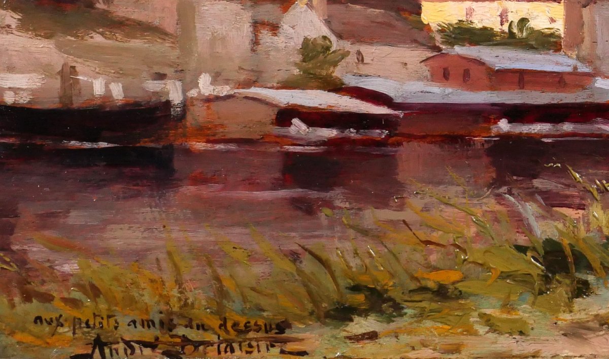 André DELAISTRE 1865-1931 Moret-sur-Loing, Paysage aux péniches tableau v. 1900 impressionnisme-photo-1