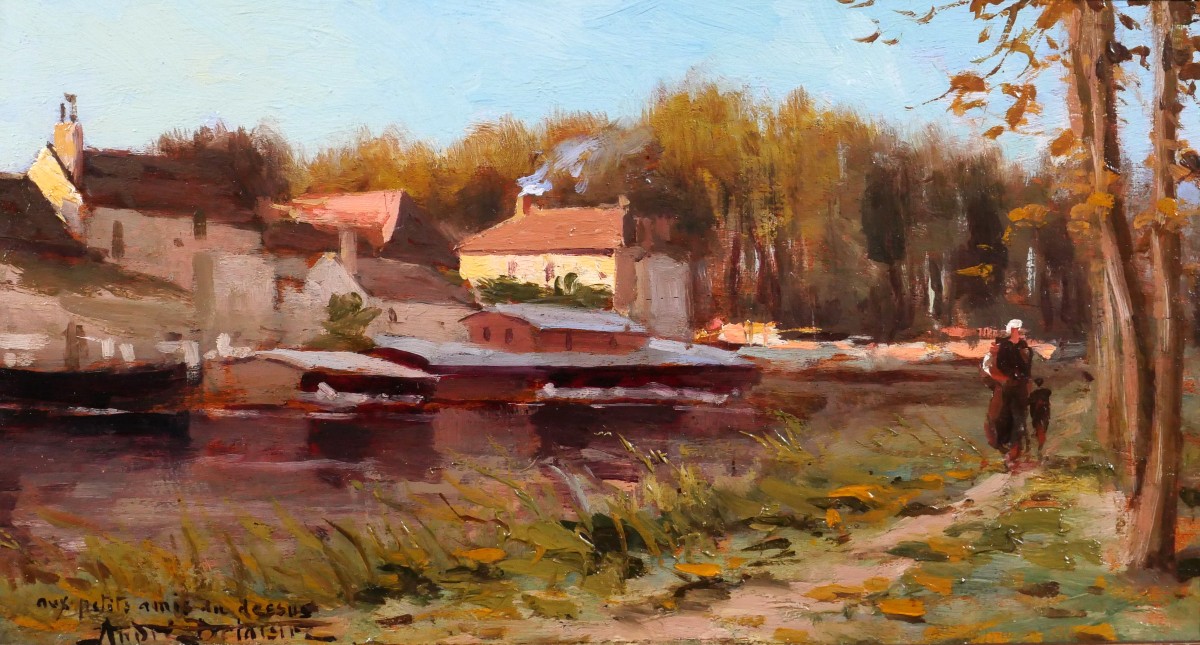 André DELAISTRE 1865-1931 Moret-sur-Loing, Paysage aux péniches tableau v. 1900 impressionnisme