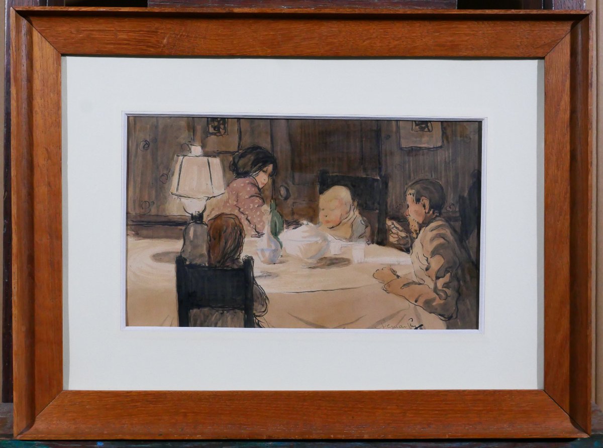 Louis Demailly 1879-1942 Le Diner En Famille, Drawing Circa 1900 Impressionist Painting By Renoir-photo-2